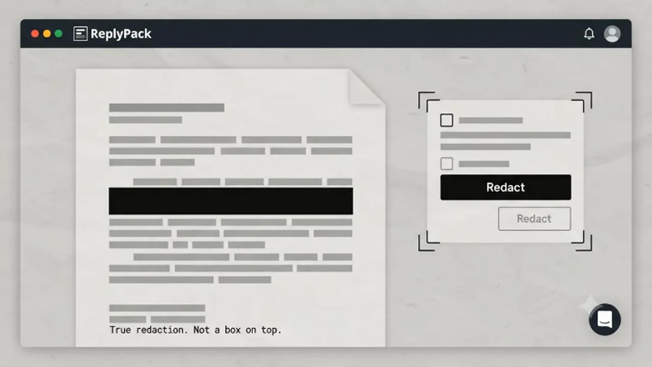 The review workspace: a page of a document with one line blacked out, captioned "True redaction. Not a box on top.", and the review panel open beside it.